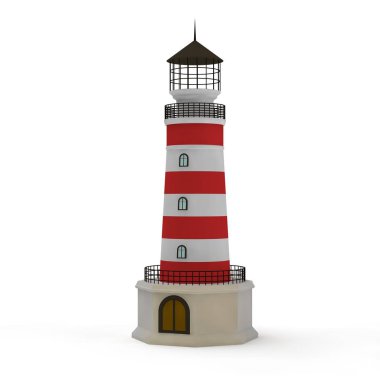 bir kıyı deniz feneri 3D Illustration. Deniz feneri, kurtuluş, kötü hava dönüm noktası sembolü. Beyaz bir arka plan görüntü. 3D render