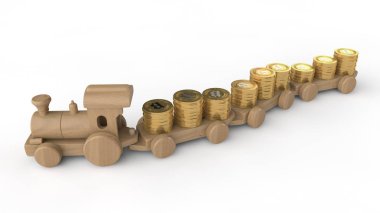 ahşap oyuncak bitcoin cryptocurrency altın ile lokomotif 3D çizimi vagonlar paraları. Sermaye, finansal rezervler, kredi fikir. Beyaz bir arka plan görüntü. 3D render