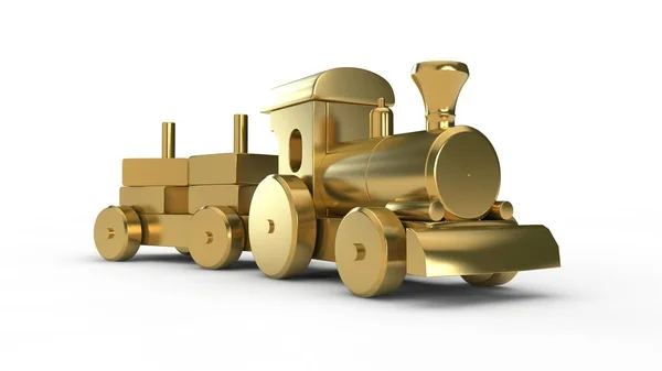 黄金玩具火车的插图 载着一辆金条车 财富和繁荣的理念 在白色背景上隔离的景深图像 — 图库照片