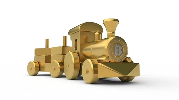 Illustration Golden Toys Train Gold Bullion Coin Pictures Ahead Bitcoin — Stock Photo, Image