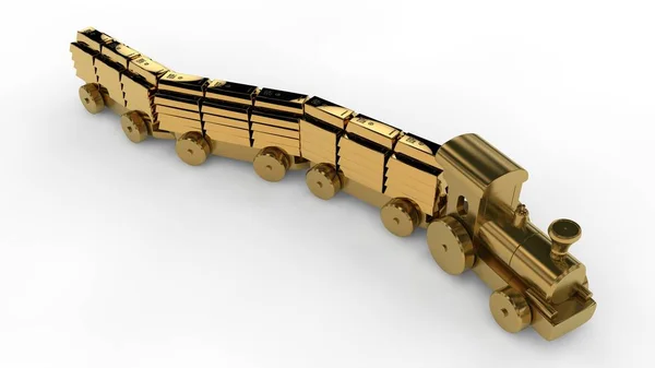 黄金のおもちゃの列車の イラストレーションは 金の延べ棒の車を運ぶ 子供の頃 富と繁栄のアイデア 白い背景に分離されてフィールドの深さとイメージ — ストック写真