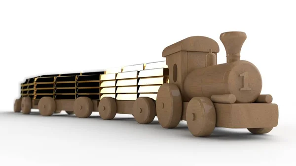 Απεικόνιση Του Ένα Ξύλινο Παιχνίδι Τρένο Μεταφέρει Αυτοκίνητα Από Ράβδους — Φωτογραφία Αρχείου