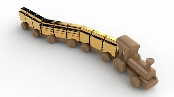 Bir Ahşap Oyuncak Tren Çizimi Altın Külçelerini Araçların Taşır Kredi — Stok fotoğraf