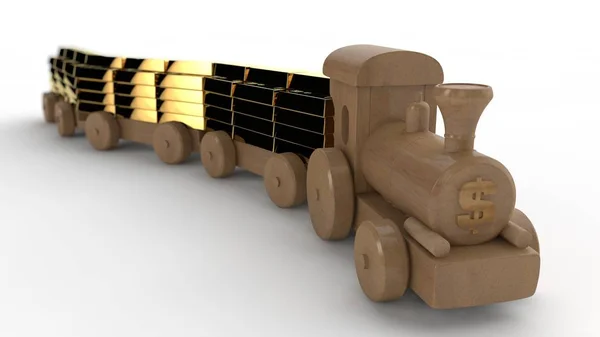 Ilustracja Zabawki Drewniane Lokomotywy Symbolem Dolara Prowadzi Samochody Sztabek Złota — Zdjęcie stockowe