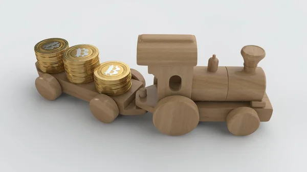 Ilustracja Drewniane Zabawki Lokomotywa Bitcoin Kryptowaluta Złoto Monety Wagonów Pomysł — Zdjęcie stockowe