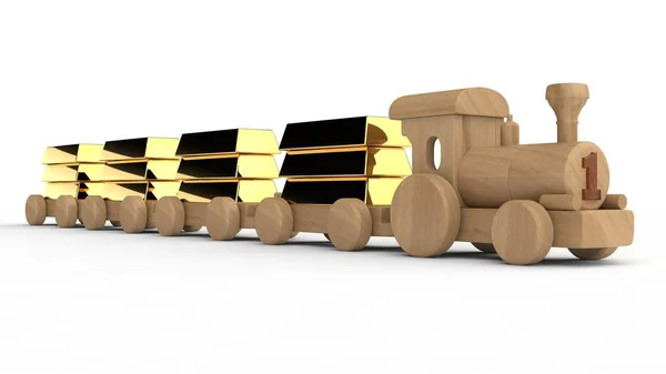木制玩具火车的插图 载着金条的汽车 财富和繁荣的理念 在白色背景上隔离的景深图像 — 图库照片