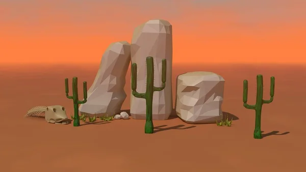 Illustration Mexican Desert Cacti Shrub Rocks Skeleton Dead Animal Background — Stock Photo, Image