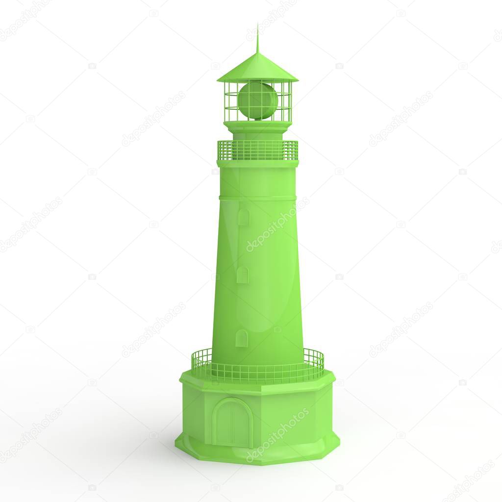 3D illustration of a green model of a coastal lighthouse. Lighthouse, a symbol of salvation, a landmark in the environment. The idea of the value of nature. The image on a white background. 3D rendering