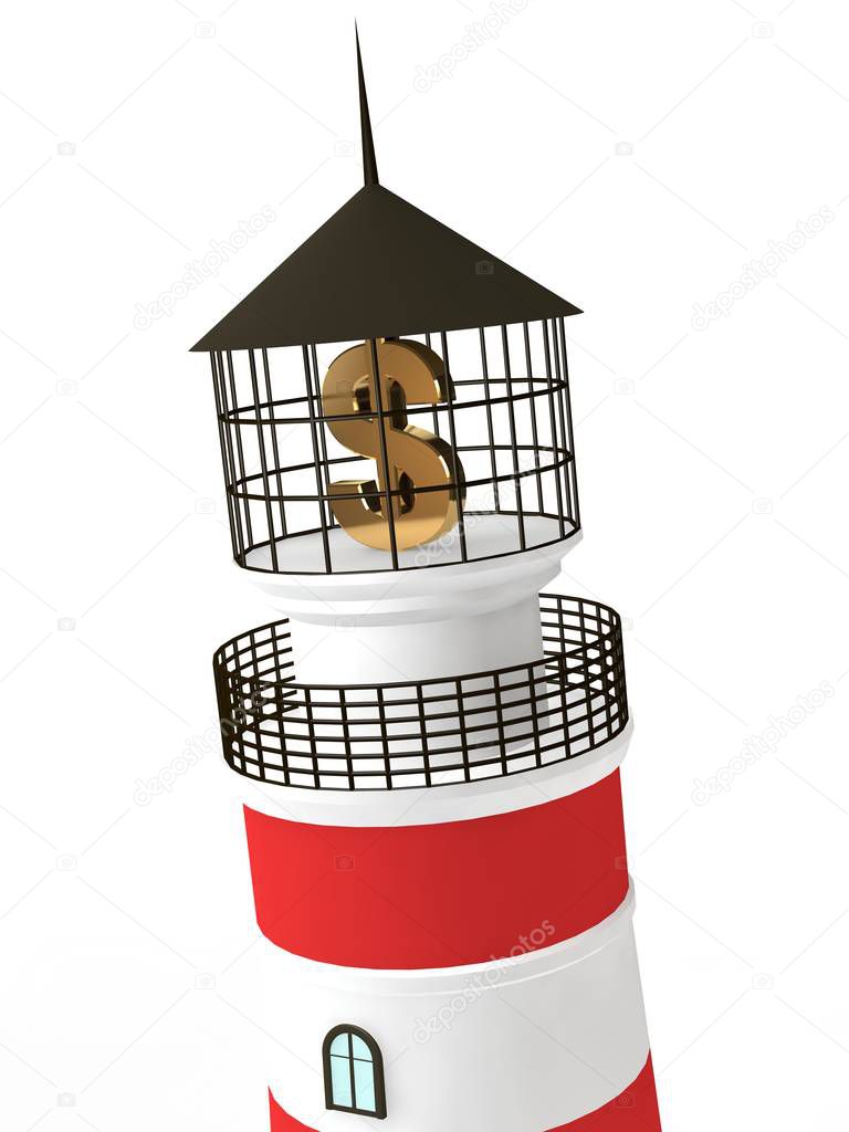 3D illustration of a lighthouse with a gold dollar symbol. The idea of a landmark in business, the ocean of the world economy. 3D rendering isolated on white background.