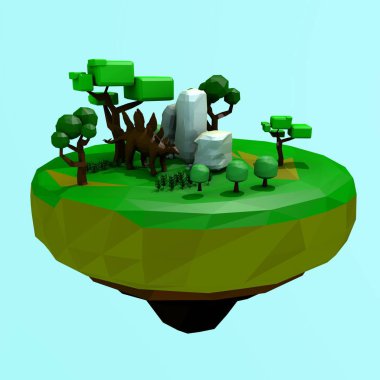 ağaçlar, kayalar, göl, Bush ile uçan bir ada 3D Illustration. Dinozor ağaçların gölgesinde. Jurassic Park, düşük poli stili.