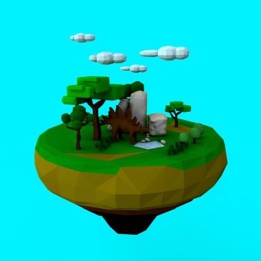 ağaçlar, kayalar, göl, Bush ile uçan bir ada 3D Illustration. Dinozor ağaçların gölgesinde. Jurassic Park, düşük poli stili.