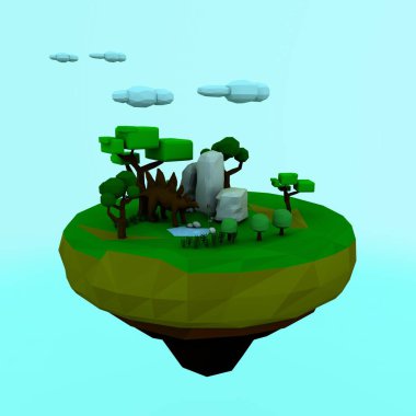 ağaçlar, kayalar, göl, Bush ile uçan bir ada 3D Illustration. Dinozor ağaçların gölgesinde. Jurassic Park, düşük poli stili.