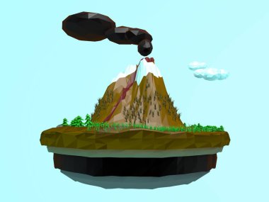 Volkan, orman ve kayalar ile uçan bir ada Illustration. Düşük poli tarzı. 3D render