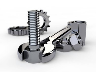 Resim, arka plan çizimi spanner, Redüktör, Kuruyemiş ve cıvata üzerinde beyaz izole. Paslanmaz çelik, parlak krom kaplama anahtarı. 3D render. Alan, bulanık görüntü derinliği.