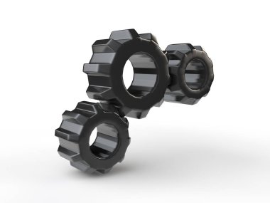 Dişli görüntü, üç siyah, plastik, beyaz arka plan üzerinde izole. Mekanizması, aygıtın iletim illüstrasyon fikri. 3D render