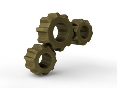 Görüntü, beyaz arka plan üzerinde izole üç bronz, altın vites dişli. Mekanizması, aygıtın iletim illüstrasyon fikri. 3D render