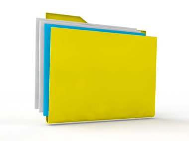 Sarı zarf, e-posta simgesi beyaz arka plan üzerinde izole iç içe geçmiş beyaz ve tek mavi dosyaları görüntüler. 3D render