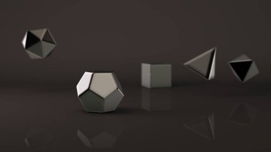 Krom Grup, geometrik şekiller, platonik vücut, polyhedra, değerli metal, demir, gümüş, platin, poligonal nesneleri kümesi. İllüstrasyon, Soyut, arka plan resmi yansımaları. 3D render