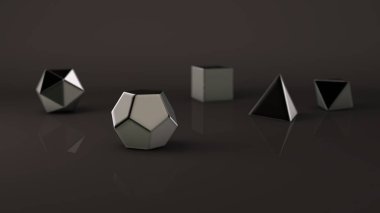 Krom Grup, geometrik şekiller, platonik vücut, polyhedra, değerli metal, demir, gümüş, platin, poligonal nesneleri kümesi. İllüstrasyon, Soyut, arka plan resmi yansımaları. 3D render