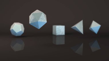 Grup, geometrik şekiller, platonik vücut, polyhedra, mavi kar ve beyaz buz poligonal nesneleri kümesi. İllüstrasyon, Soyut, arka plan resmi yansımaları. 3D render