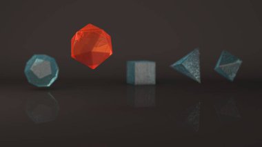 Grup, geometrik şekiller, platonik vücut, polyhedra, metal ve cam, altın, gümüş, bronz ve taş poligonal nesneleri kümesi. İllüstrasyon, Soyut, arka plan resmi yansımaları. 3D render
