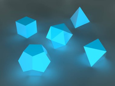 Görüntü, koyu mavi renk beş platonik katılar, polyhedra, parıldayan bir geometrik şekiller illüstrasyon mavi ışık. 3D render, soyutlama, arka plan.