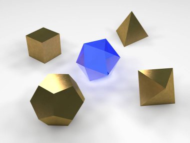 Görüntü, platonik cesetler illüstrasyon, polyhedra bir parlayan mavi, cam ve altın karanlık bir arka plan üzerinde geometrik şekiller. 3D render, soyutlama, arka plan.