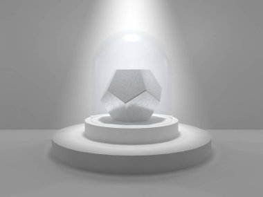 Dodecahedron stüdyo ışık parlaklık tarafından yaktı bir cam kap altında yuvarlak bir kaide üzerinde ortasına. Dodecahedron gümüş ve platin ve gri taştan yapılmış. 3D render