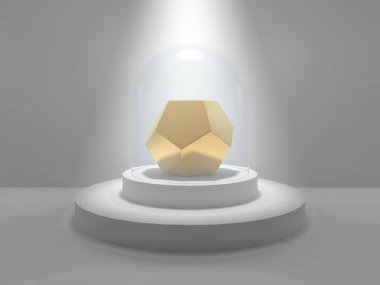 Dodecahedron stüdyo ışık parlaklık tarafından yaktı bir cam kap altında yuvarlak bir kaide üzerinde ortasına. Dodecahedron noktalar ve gri taş ile altın. 3D render