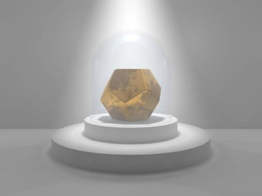 Dodecahedron stüdyo ışık parlaklık tarafından yaktı bir cam kap altında yuvarlak bir kaide üzerinde ortasına. Dodecahedron noktalar ve gri taş ile altın. 3D render