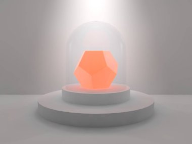 Dodecahedron stüdyo ışık parlaklık tarafından yaktı bir cam kap altında yuvarlak bir kaide üzerinde ortasına. Dodecahedron, ateşli bir renk, portakal, parlayan bir değerli taş. 3D render