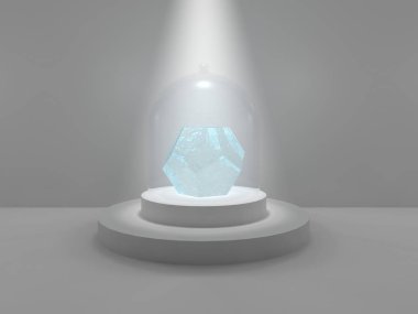 Dodecahedron stüdyo ışık parlaklık tarafından yaktı bir cam kap altında yuvarlak bir kaide üzerinde ortasına. Dodecahedron, donmuş buz, mavi çiban, mavi cam. 3D render