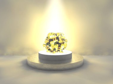 Dodecahedron stüdyo ışık parlaklığı tarafından aydınlatılmış yuvarlak bir kaide üzerinde ortasına. Ateşten, radyant enerji dodecahedron. Üstünlük anlayışı. 3D render
