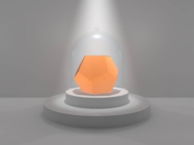 Dodecahedron stüdyo ışık parlaklık tarafından yaktı bir cam kap altında yuvarlak bir kaide üzerinde ortasına. Dodecahedron, ateşli bir renk, portakal, parlayan bir değerli taş. 3D render