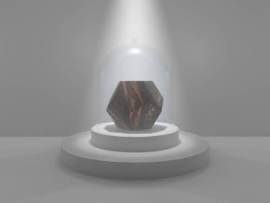 Dodecahedron stüdyo ışık parlaklık tarafından yaktı bir cam kap altında yuvarlak bir kaide üzerinde ortasına. Dodecahedron, standart beyaz benekli kırmızı taştan. 3D render