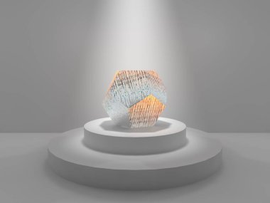 Dodecahedron in the center of the Studio on a round pedestal illuminated by the radiance of light. Dodecahedron made of glass and ice. The idea of cold and superiority. 3D rendering clipart