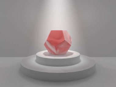 Dodecahedron stüdyo ışık parlaklığı tarafından aydınlatılmış yuvarlak bir kaide üzerinde ortasına. Dodecahedron - kıymetli taş kırmızı lekeler ile ateşli bir renk. Üstünlük anlayışı. 3D render