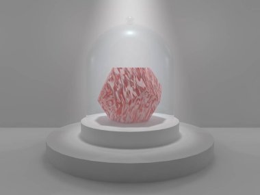 Dodecahedron in the center of the Studio on a round pedestal under a glass cap lit by the glow of light. Dodecahedron, the standard of red stone with white spots. 3D rendering clipart
