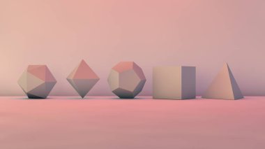 Stüdyo, polyhedra, beş platonik katı geometrik şekiller kümesi. Mükemmellik ve hassas fikri. 3D render. Şekil, resim, soyutlama.