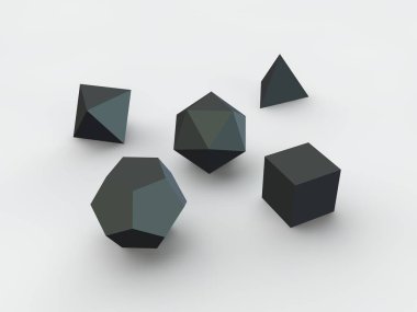 Stüdyo, polyhedra, beş platonik katı geometrik şekiller kümesi. Mükemmellik ve hassas fikri. 3D render. Şekil, resim, soyutlama.