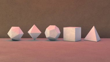 Stüdyo, polyhedra, beş platonik katı geometrik şekiller kümesi. Mükemmellik ve hassas fikri. 3D render. Şekil, resim, soyutlama.
