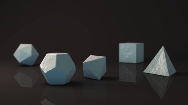 Platonik katı mavi bir dizi kar, soğuk, geometrik, parlak yüzey. Çokgen şekiller, yansıtıcı bir arka plan ile stüdyo içinde polyhedra. Soyutlama Illustration. 3D render