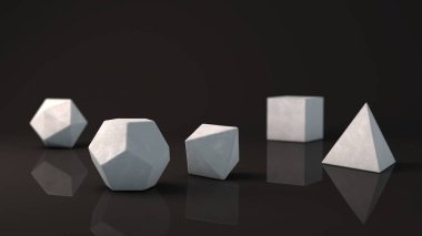 Bir set platonik katı beyaz kar, soğuk, geometrik, parlak yüzey. Çokgen şekiller, yansıtıcı bir arka plan ile stüdyo içinde polyhedra. Soyutlama Illustration. 3D render