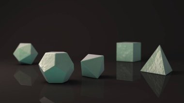 Mavi-yeşil üzerinden platonik katı bir dizi kar, soğuk, geometrik, parlak yüzey. Çokgen şekiller, yansıtıcı bir arka plan ile stüdyo içinde polyhedra. Soyutlama Illustration. 3D render