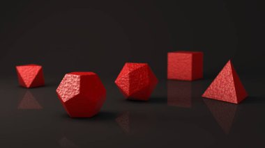 Platonik katılar, kırmızı, volkanik lav renk kümesi. Çokgen şekiller, yansıtıcı bir arka plan ile stüdyo içinde polyhedra. Soyutlama Illustration. 3D render