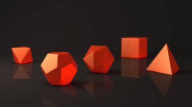 Dizi platonik organları, kırmızı cam, aydınlık, parlak yüzey. Çokgen şekiller, yansıtıcı bir arka plan ile stüdyo içinde polyhedra. Soyutlama Illustration. 3D render