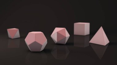 Grup platonik katı, değerli metal külçe bir mat ile pembe bitirmek. Çokgen şekiller, yansıtıcı bir arka plan ile stüdyo içinde polyhedra. Soyutlama Illustration. 3D render