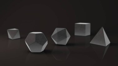 Grup platonik organları, gri metal taş mat yüzeyli. Çokgen şekiller, yansıtıcı bir arka plan ile stüdyo içinde polyhedra. Soyutlama Illustration. 3D render
