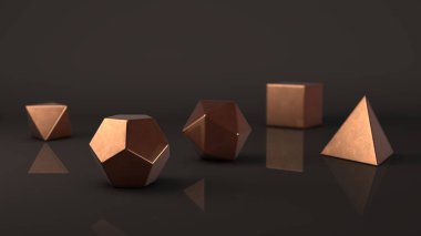 Platonik katılar, değerli İngotlar mat yüzeyli bronz metal grubu. Çokgen şekiller, yansıtıcı bir arka plan ile stüdyo içinde polyhedra. Soyutlama Illustration. 3D render