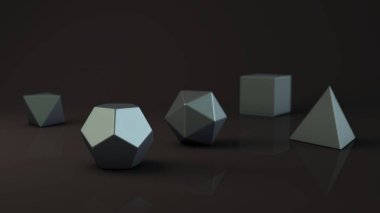 Bir grup platonik organlarının, bir mat mavi yüzeyle pahalı. Değerli metal Çokgen şekilleri, yansıtıcı bir arka plan ile stüdyo içinde polyhedra. Soyutlama Illustration. 3D render
